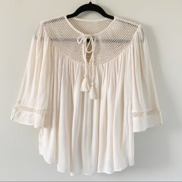 Tularosa Revolve Huxley Top Cream Tassels ties Gauze Crochet Flutter Sleeve - Picture 2 of 16